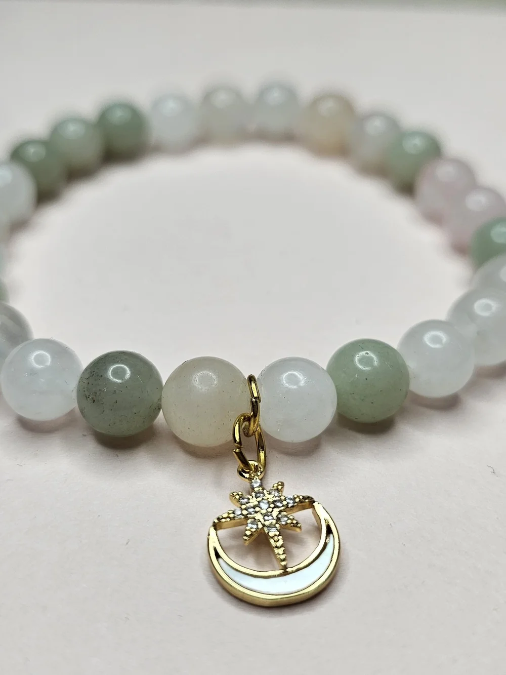 Gold Star & Crescent Charm Beaded Bracelet in Green, White and Blush/rose Quartz